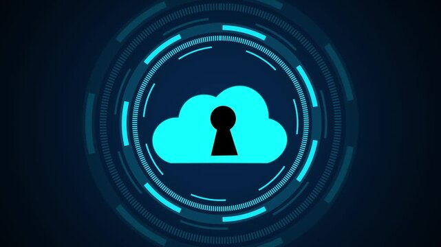 Cyan cloud security icon within futuristic HUD circle. Cloud storage symbol for digital server encryption privacy. Digital cloud animation for web safety.