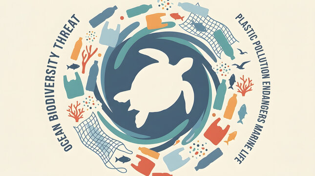 Biodiversity Loss Infographic Concept. Sea turtle silhouette encircled by plastic waste, highlighting ocean pollution