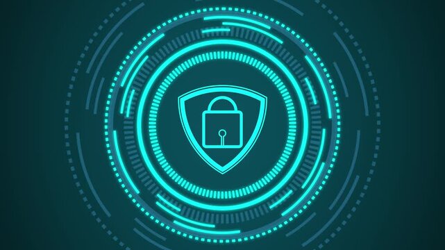 Cyan glowing futuristic shield and lock on black. Cybersecurity encryption symbol for private data protection. Digital shield animation for network safety.