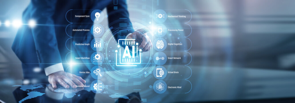 Scientist point of Artificial Intelligence deep machine learning and logic concept predicting complex future outcomes accurately. Transforming traditional business routines to a new level.