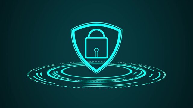 Cyan digital shield and lock on circular base. Cybersecurity protection symbol for server database encryption. Digital shield animation for network safety.