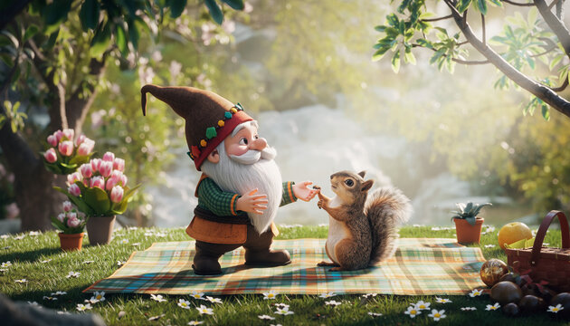 Whimsical gnome and squirrel share a joyful springtime moment in a sunlit garden with blooming flowers and lush greenery, magical fantasy scene wit...