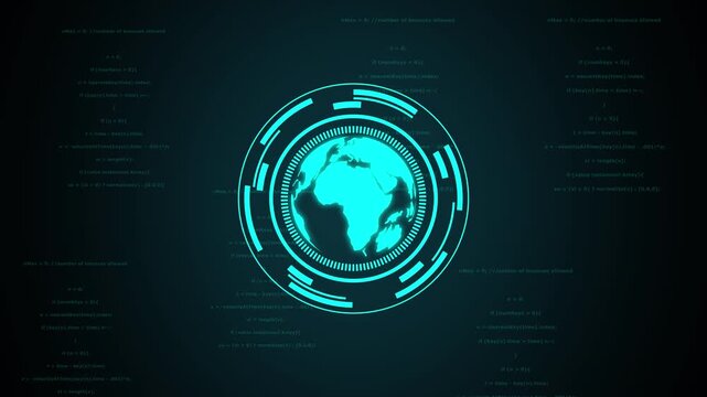 Futuristic earth hologram with code overlay global network. International tracking symbol for satellite data. Digital earth hologram animation for world.