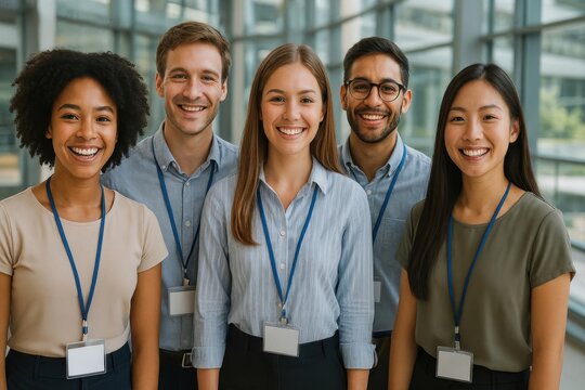 Diverse team smiling confidently.