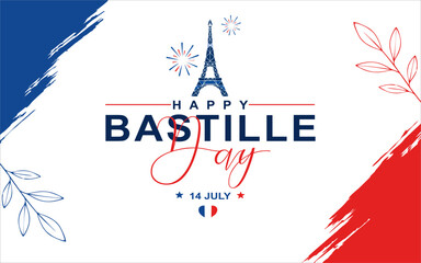 Happy Bastille Day 2026 Minimal Banner with Eiffel Tower and French Brush Stroke © Nurul Huda