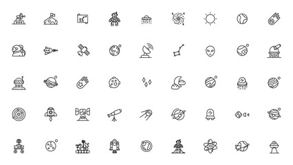 Space icon set. Minimal vector icons pack. Featuring satellite, moon, astronaut, UFO, galaxy, sun, earth, comet, rocket, planet, mars, saturn, stars, jupiter, venus, orbit, telescope, alien, robot, ob © wang
