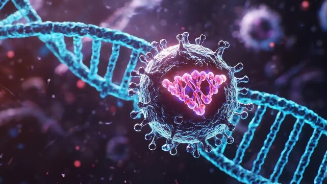Medical video of a Cytomegalovirus cross-section revealing a glowing DNA helix inside the capsid, with blue and purple bioluminescent lighting on a dark background.