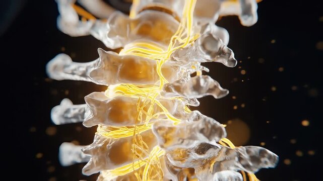 Human spinal column with ivory vertebrae, translucent discs, and golden nerve fibers branching outward.