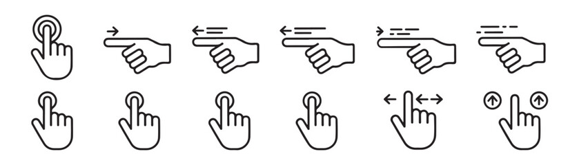 Obraz premium Line style hand gesture icons for touchscreen devices and mobile phone applications on clear background.