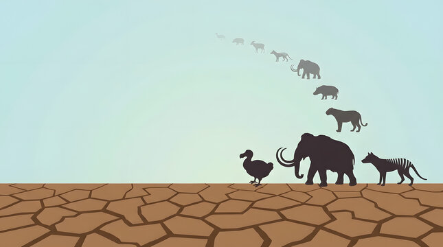 Biodiversity Loss Infographic Concept. Extinct animals marching across cracked earth, symbolizing drought and loss.