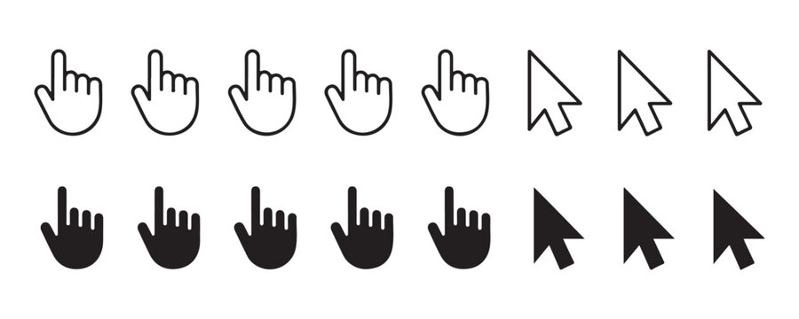 Set of computer mouse cursors and hand pointer icons on transparent background.