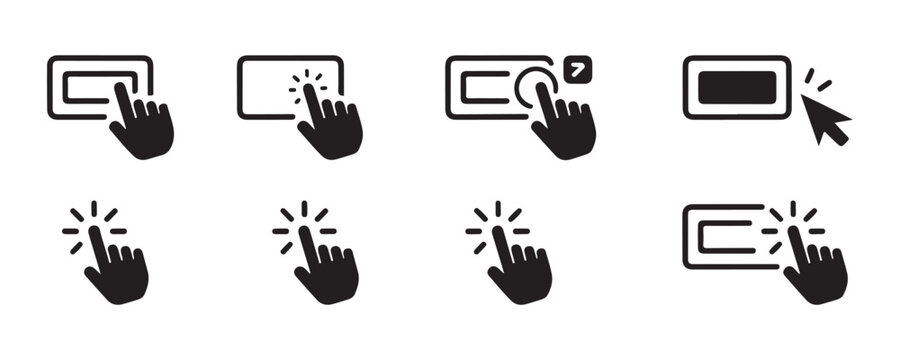 Set of click button icons with hand cursor and mouse pointer for web elements.