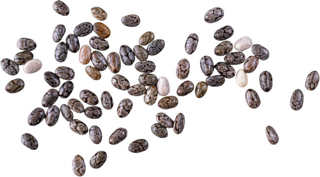 Top view of scattered macro chia seeds on white background