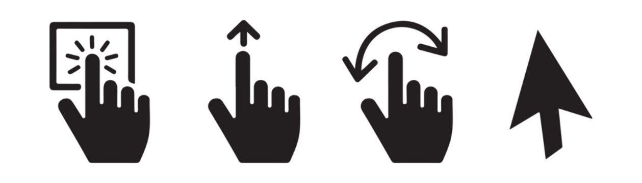 Set of computer mouse cursor and hand gestures for touchscreen interface design on transparent background.
