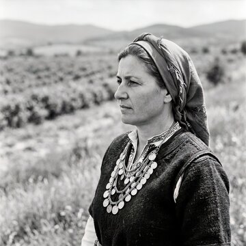 A Woman in Traditional Attire Stands in a Field