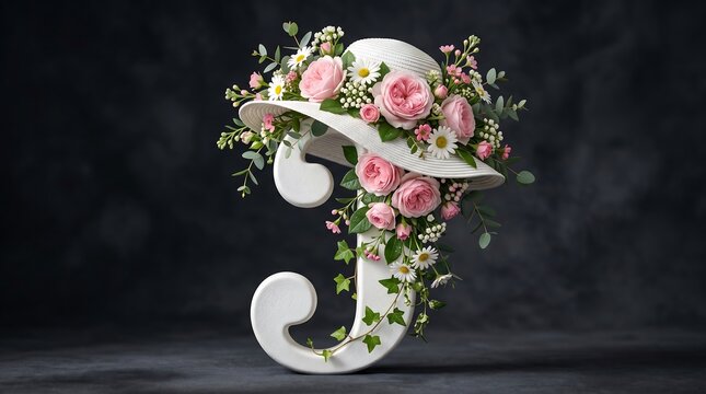 Elegant white hat adorned with pink roses and greenery on a decorative letter