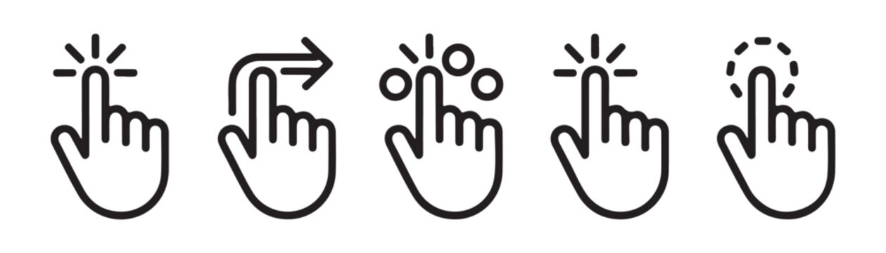 Outline hand gesture icons for website and app touchscreen interface on a transparent light background.