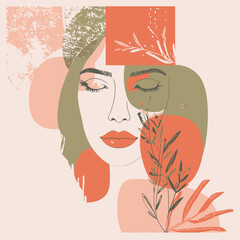 Abstract minimalist portrait of a woman with botanical elements and geometric shapes.