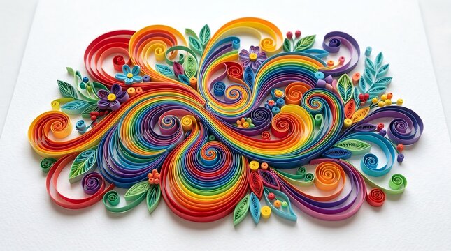 Vibrant rainbow quilling art with flowers and leaves on white background