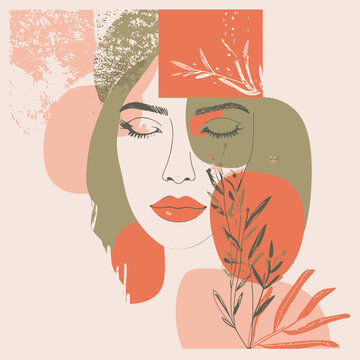 Abstract minimalist portrait of a woman with botanical elements and geometric shapes.