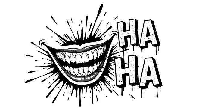 Comic laughter, smiling mouth, HAHA text, black and white illustration, emotive expression