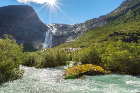 glacial river, waterfall in Briksdalen, Norway