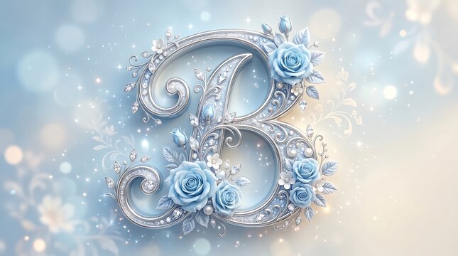 Elegant silver letter b adorned with blue roses and sparkling jewels on soft gradient background