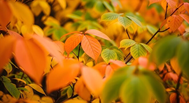 Autumnal staghorn sumac foliage close up vibrant orange and green leaves in natural light