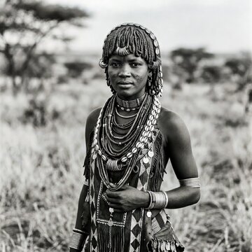 Adorned Indigenous Woman in Traditional Ceremonial Attire With Intricate Beaded Jewelry