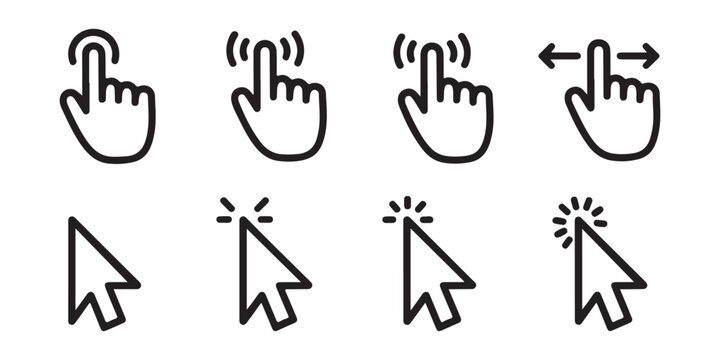 Click hand cursor icon set finger pressing on screen computer mouse pointer design.