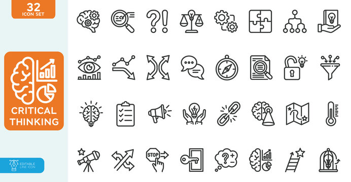 Critical thinking Vector Illustration icon set. Containing think, logic, problem-solving, analysis, reasoning, evaluation, experience, research, listening, and more. on white background.