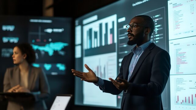 An image of a process improvement facilitator presenting a continuous improvement plan to senior management, with data-driven insights and strategic recommendations