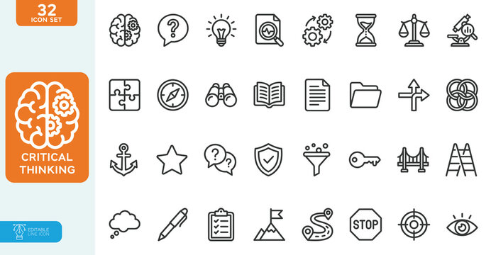Critical thinking Vector Illustration icon set. Containing think, logic, problem-solving, analysis, reasoning, evaluation, experience, research, listening, and more. on white background.
