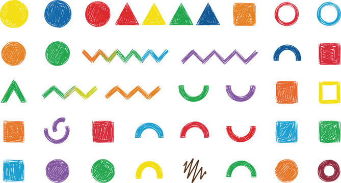 Colorful crayon hand drawn geometric shapes and abstract doodle elements vector set isolated on white background