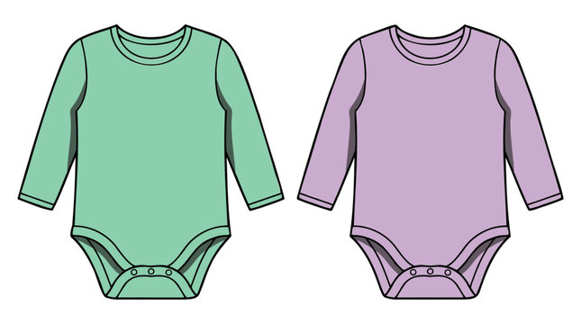 Flat Vector Mint and Lavender Blank Baby Long Sleeve Bodysuit Template, Mock-up Isolated on Transparent Background. Body children, baby shirt, onesie. Clothes for newborns, toddler thermal wear