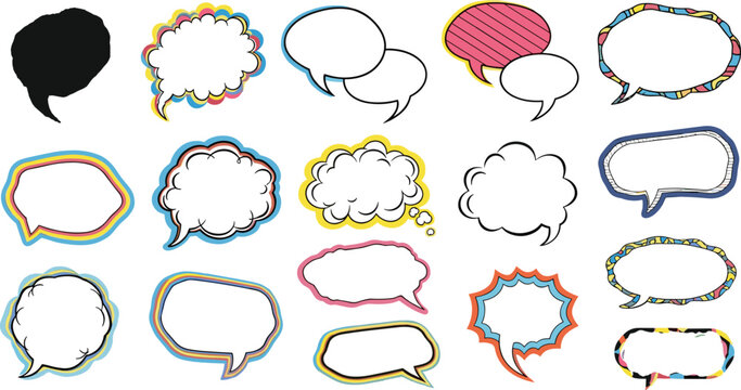 Hand drawn thick black outline speech bubbles and blank thought cloud dialogue stickers isolated on white background