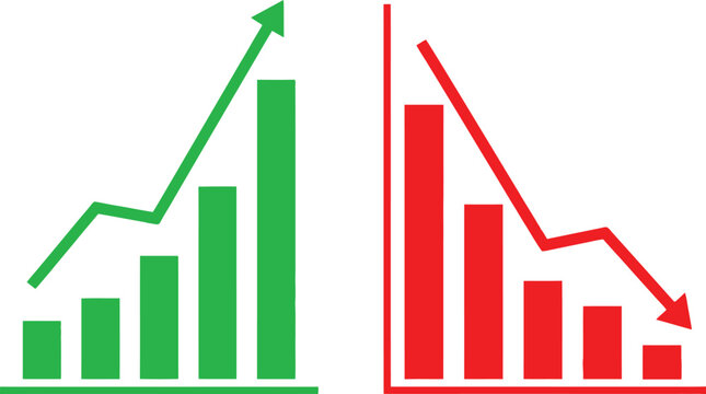Green bar chart rising and red bar chart falling representing business growth and financial loss Vector