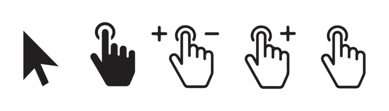 Touch screen hand gesture icons and mouse arrow pointer set for mobile application user interface.