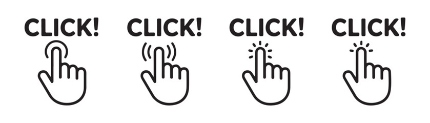 Fototapeta premium Click hand cursor icons with text labels vector illustration set for user interaction guidance.