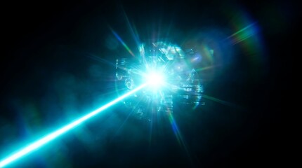 Obraz premium Bright Cyan Laser Pulse Beam Glowing in Dark Space with Vibrant Light Flares
