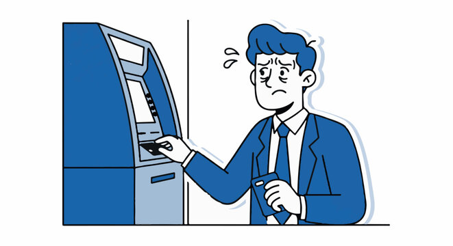 Frustrated man using an ATM machine indoors.
