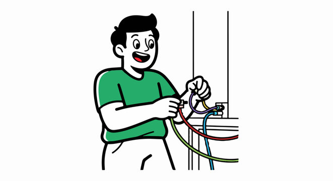 Happy man fixing tangled electrical wires cheerfully indoors.