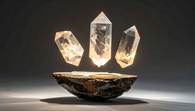 Three levitating crystal formations emanate light above a textured rock base