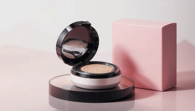A sleek beauty cosmatic cushion without front view packaging contains cosmatic cushion clear and cap soft pastel black and white pink background tamplate your brand