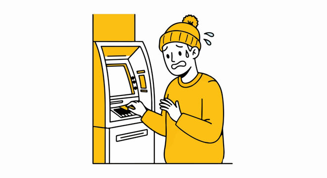 Frustrated person using an ATM machine indoors.