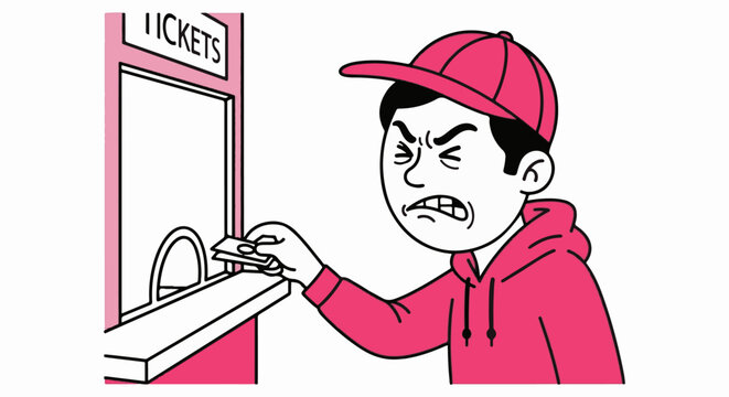 Frustrated young man struggling with automated ticket machine.
