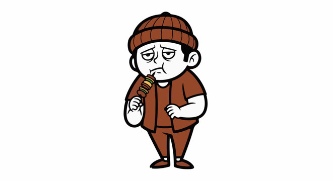 Cartoon character holding a drink looking thoughtful and sad.
