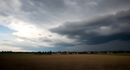 Fototapeta premium Dramatic storm clouds over rural landscape with farmland and distant village