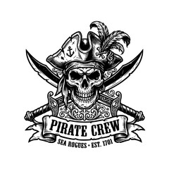 Fototapeta premium Pirate skull emblem crossed swords vector icon graphic