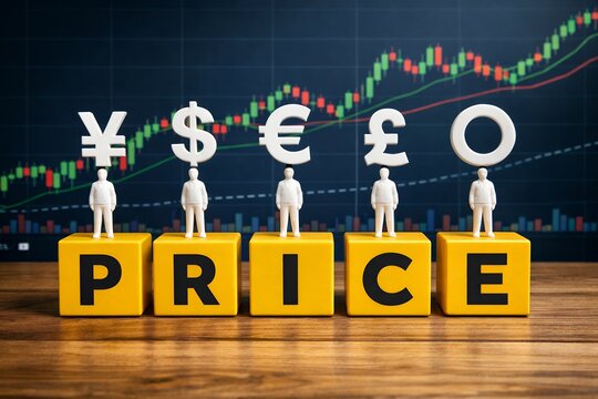 為替レートのチャートを背景に各国の通貨記号を掲げる人々とPRICEの文字の黄色いブロック